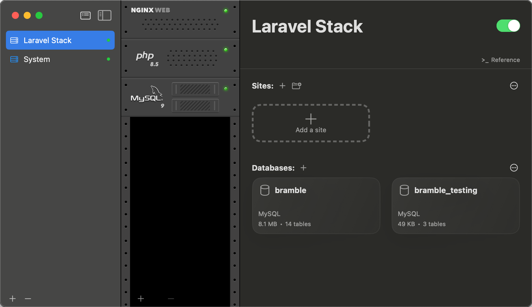 The Indigo 2 main window: a running Laravel stack with its rack of services, the stack's sites and databases