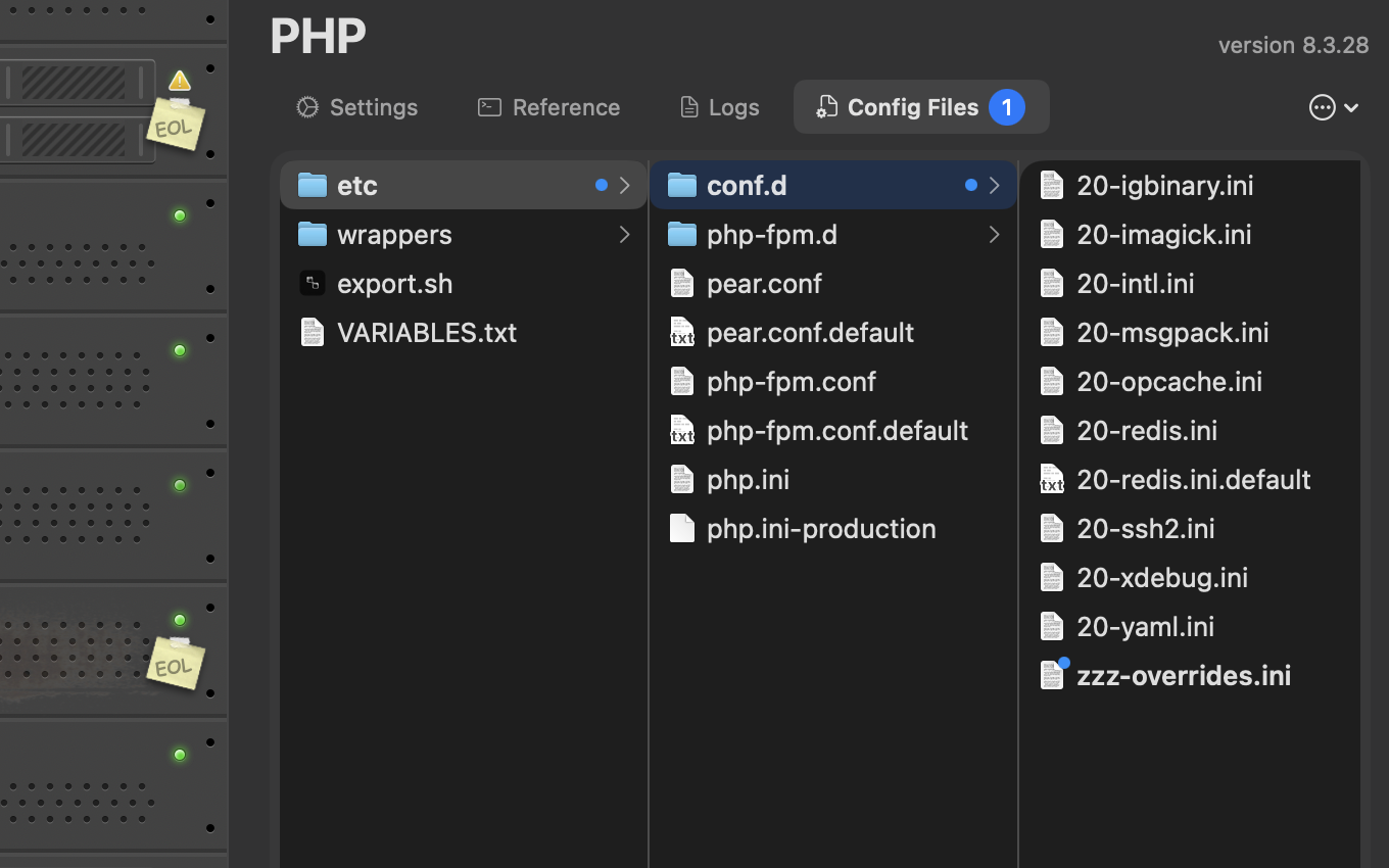 A service's Config Files tab, listing its real configuration files