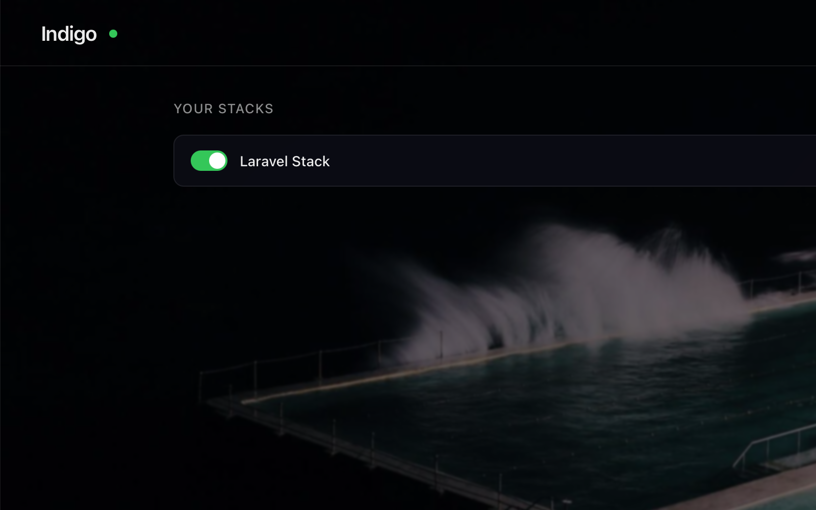 The Indigo Dashboard at indigo.localhost, listing every stack and site with live status