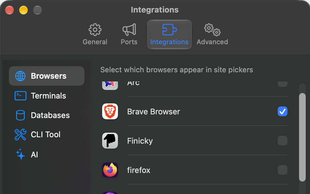 Indigo's Settings window, Integrations tab