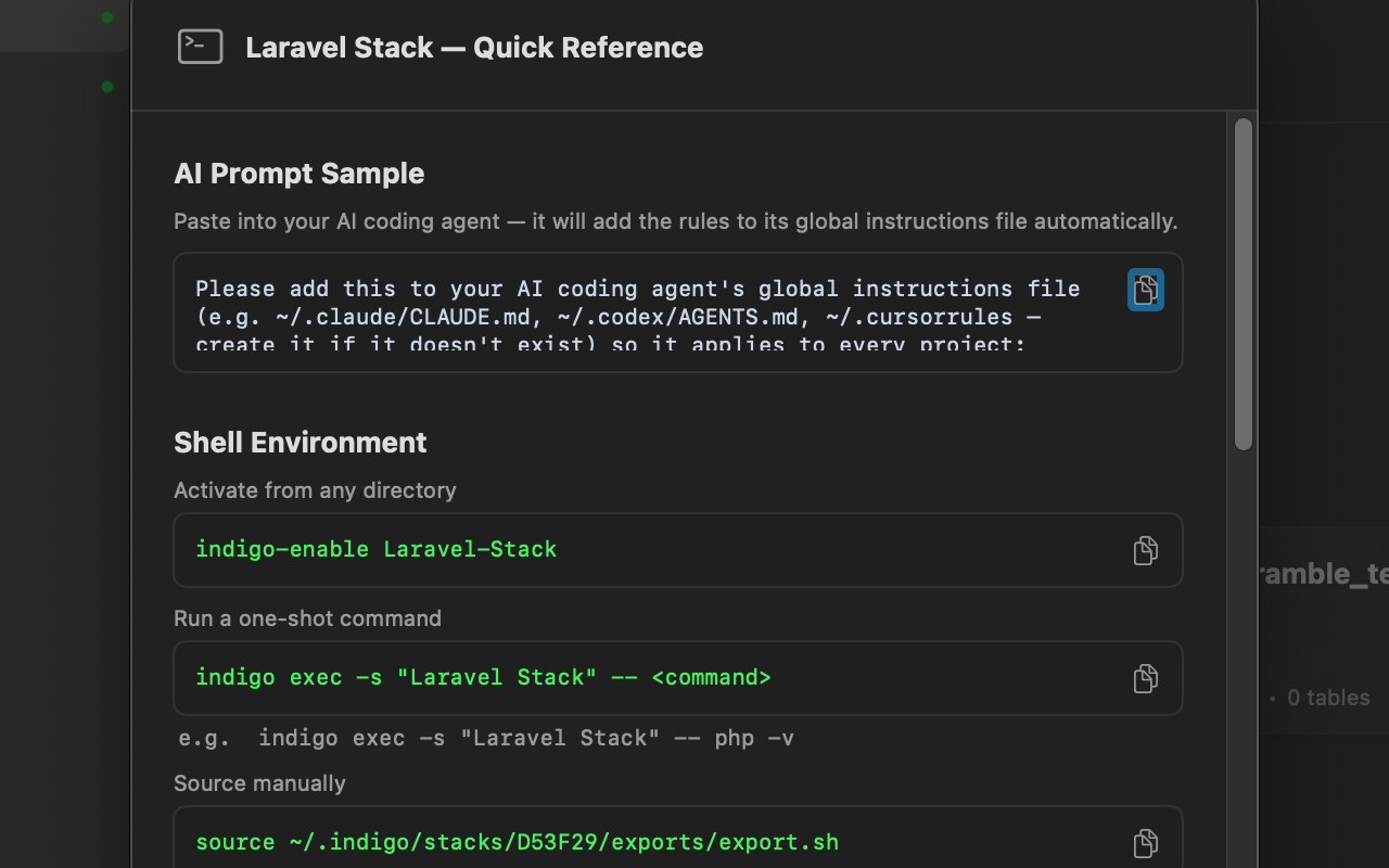 A stack's Quick Reference sheet: commands, ports and paths for its services