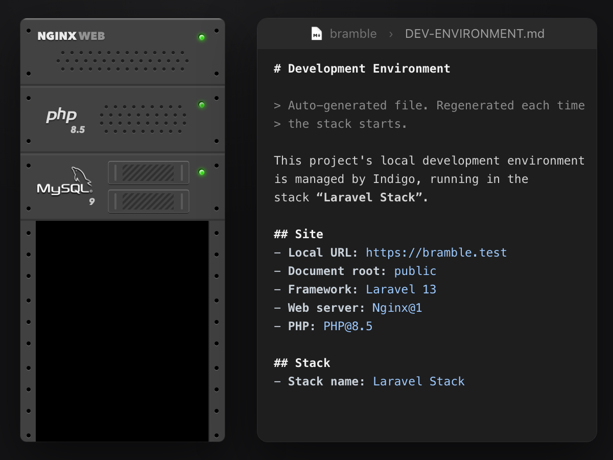 A stack starts and Indigo writes DEV-ENVIRONMENT.md into the project, listing the stack's services and versions