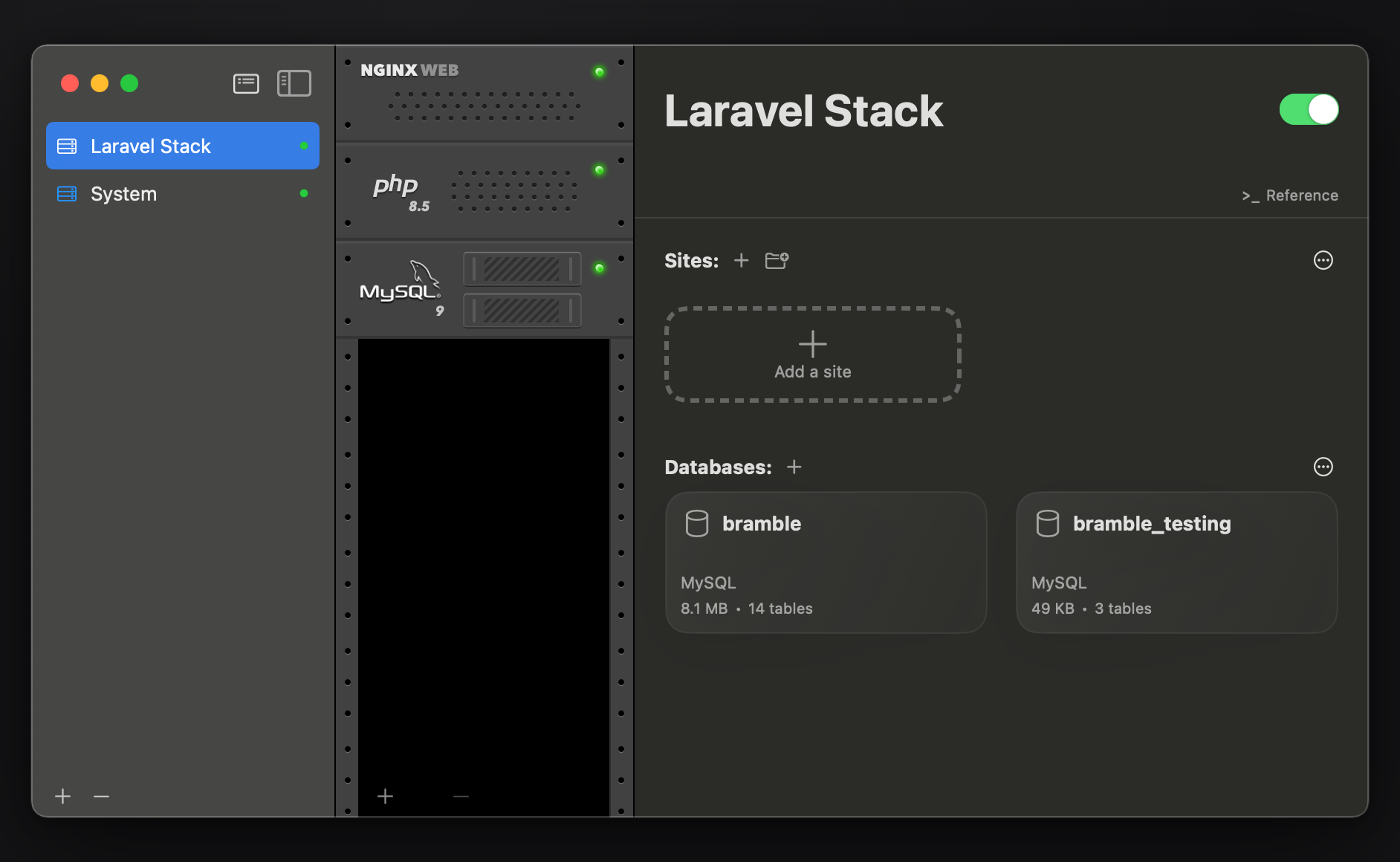 The Indigo 2 main window: a running stack with its rack of services, the stack's sites and databases