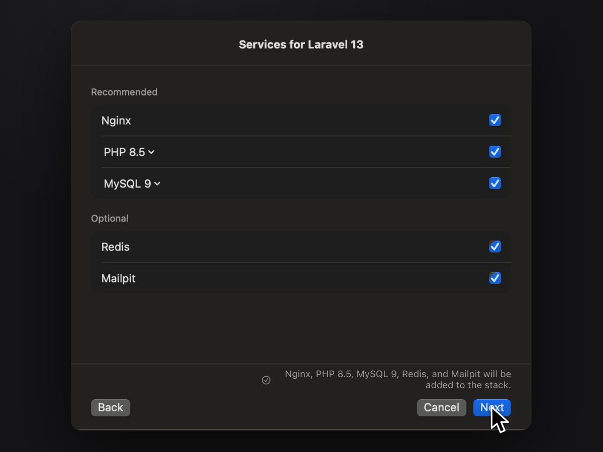 The Stack Wizard's services step for Laravel 13, recommending Nginx, PHP 8.5 and MySQL 9